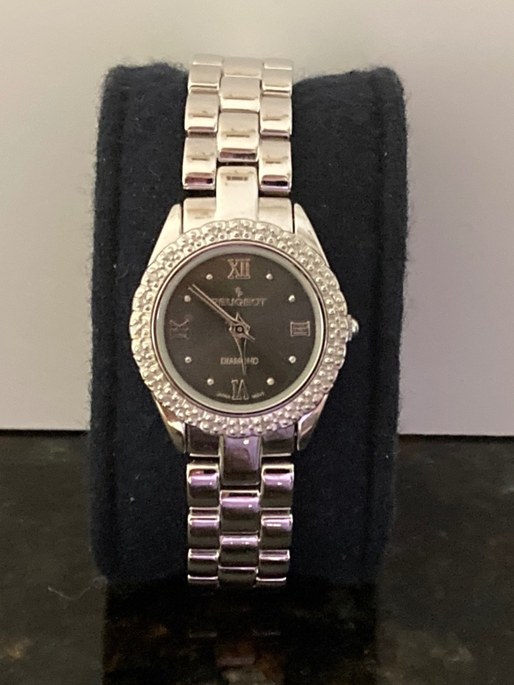 Peugeot 1/10 ct tw Diamond Bezel Panther Link Watch/Silver Tone/Black Dial/NEW!